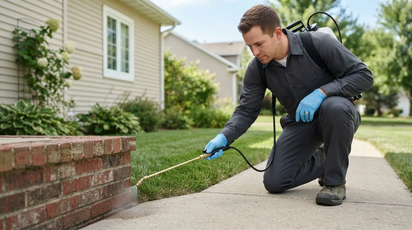 Pest control technician treating a home near Richardson, TX